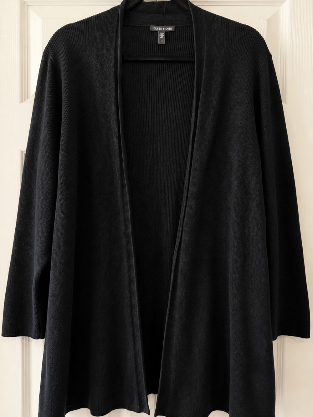 Eileen Fisher Black Organic Cotton Open-Front Cardigan Sweater Large Minimalist